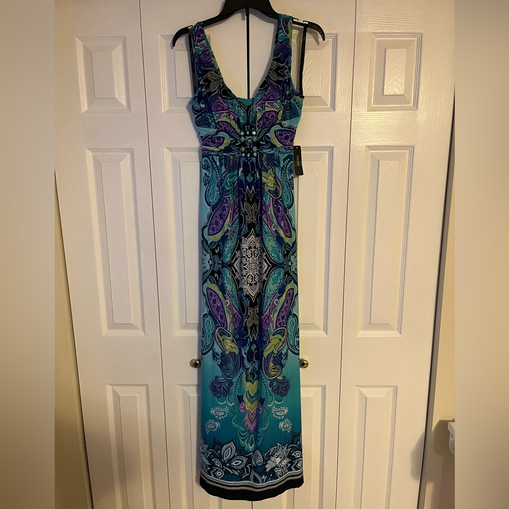 Bisou Bisou Long Dress Size 4 Brand New With Tags Aqua Cobalt Multi